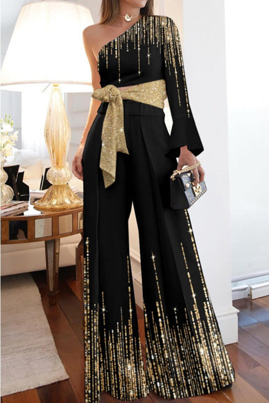 Stilla | Queendom Metallic Farve Print One Shoulder Jumpsuit