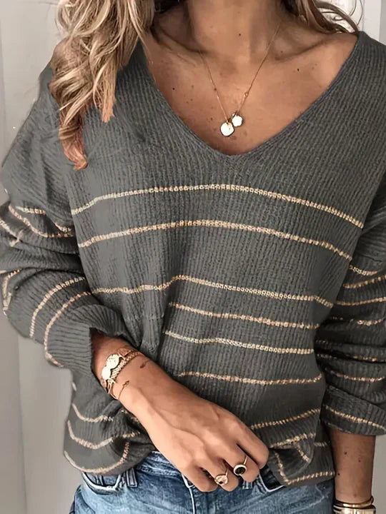 Stilla | Stribet Mønster V-Hals Sweater