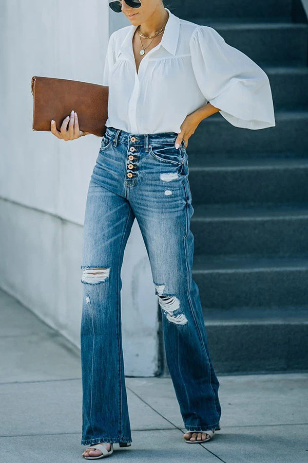 Stilla | Marcos Høj Talje Distressed Knap 90's Flare Denim