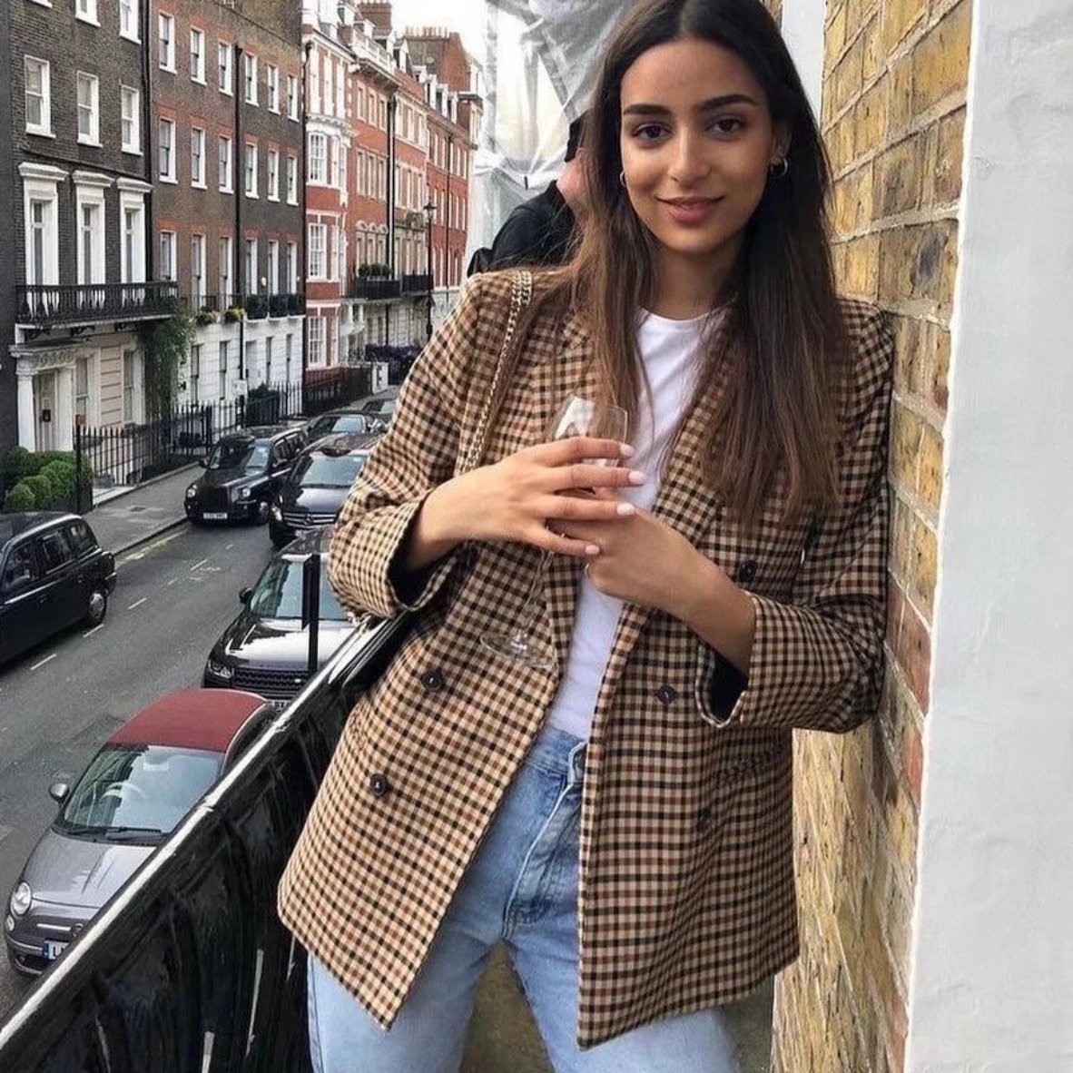 Stilla | Dame Houndstooth Blazer Dobbeltbrystet Langærmet Casual Jakke
