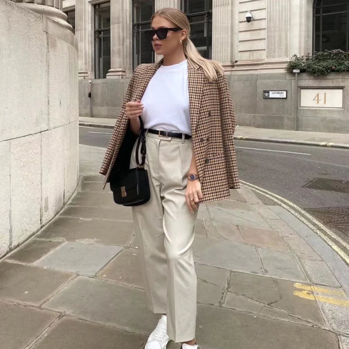 Stilla | Dame Houndstooth Blazer Dobbeltbrystet Langærmet Casual Jakke