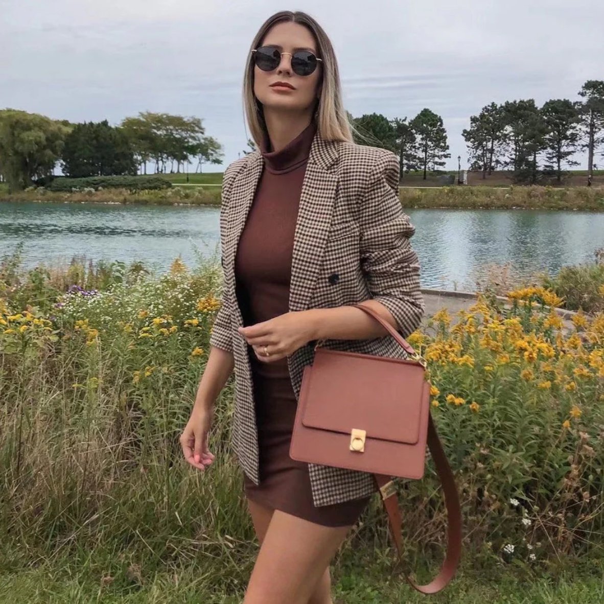 Stilla | Dame Houndstooth Blazer Dobbeltbrystet Langærmet Casual Jakke