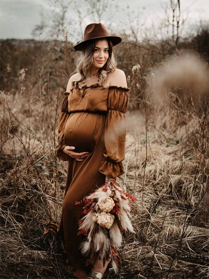 Stilla | Marrone 2 in 1 Boemia Rynker Snore Skuldre Ude Maxi Fotografisk Maternity Kjoler