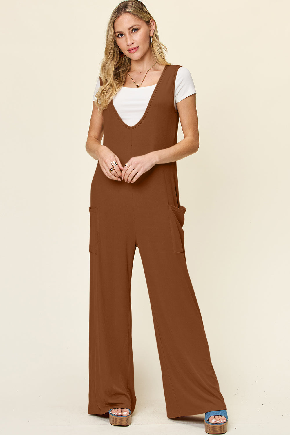 Stilla | Tag Full Size Ærmeløs Bred Ben Jumpsuit Med Lommer