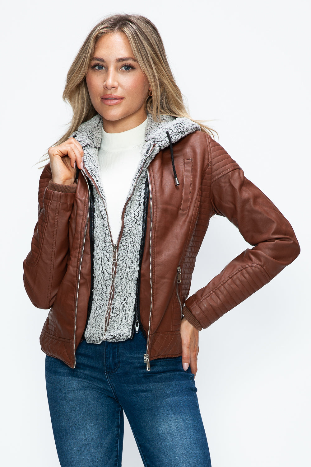 Stilla | Faux Layered Double-Zipper Jacket with Fuzzy Hood