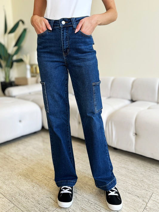 Stilla | Blå Fuld Størrelse Høj Talje Lige Cargo Jeans