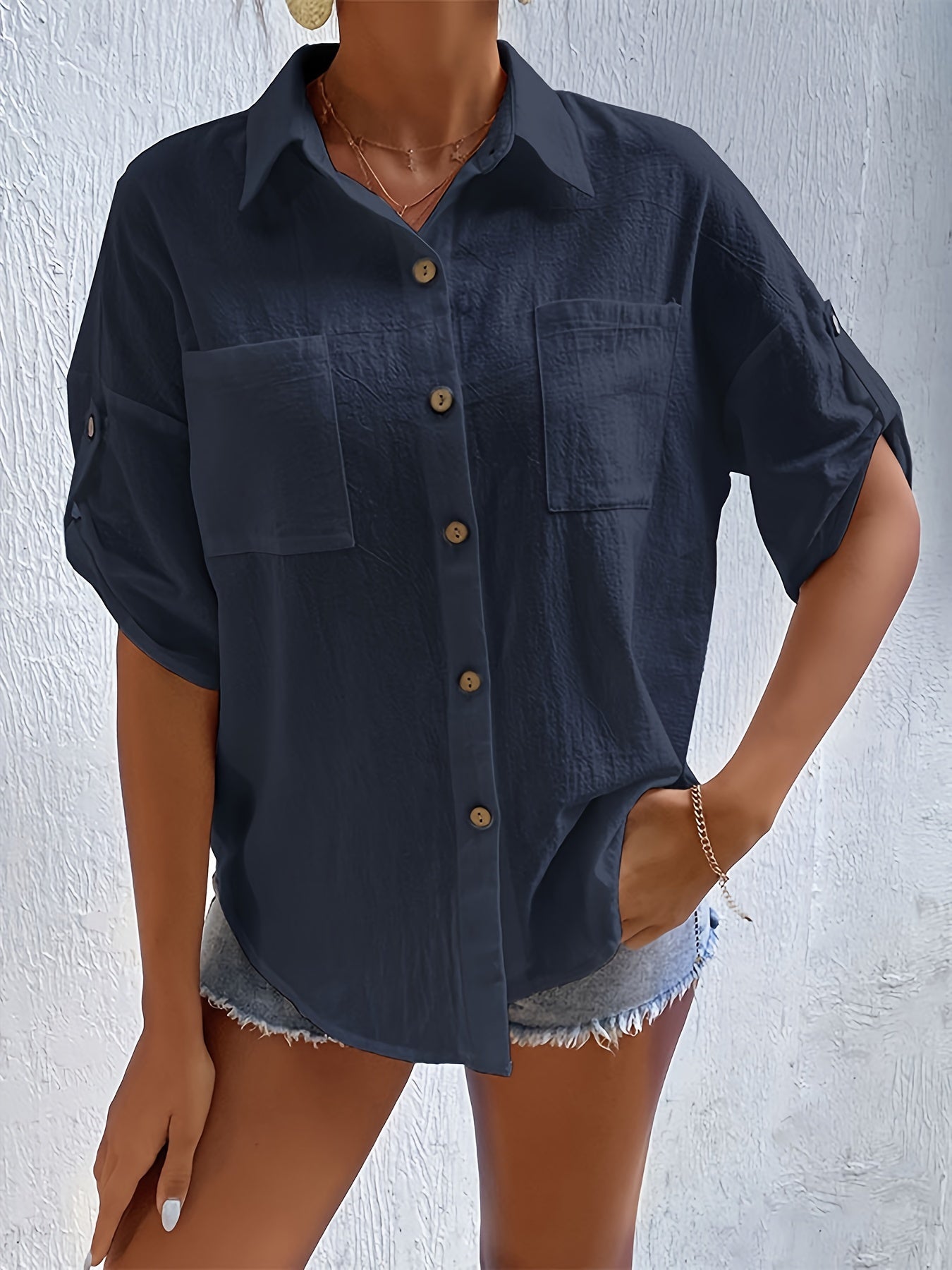 Stilla | Dam Linen Bluse Med Kortærmer Og Knaplukning