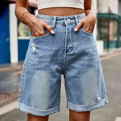 Stilla | Knappede Denim Shorts Med Lommer