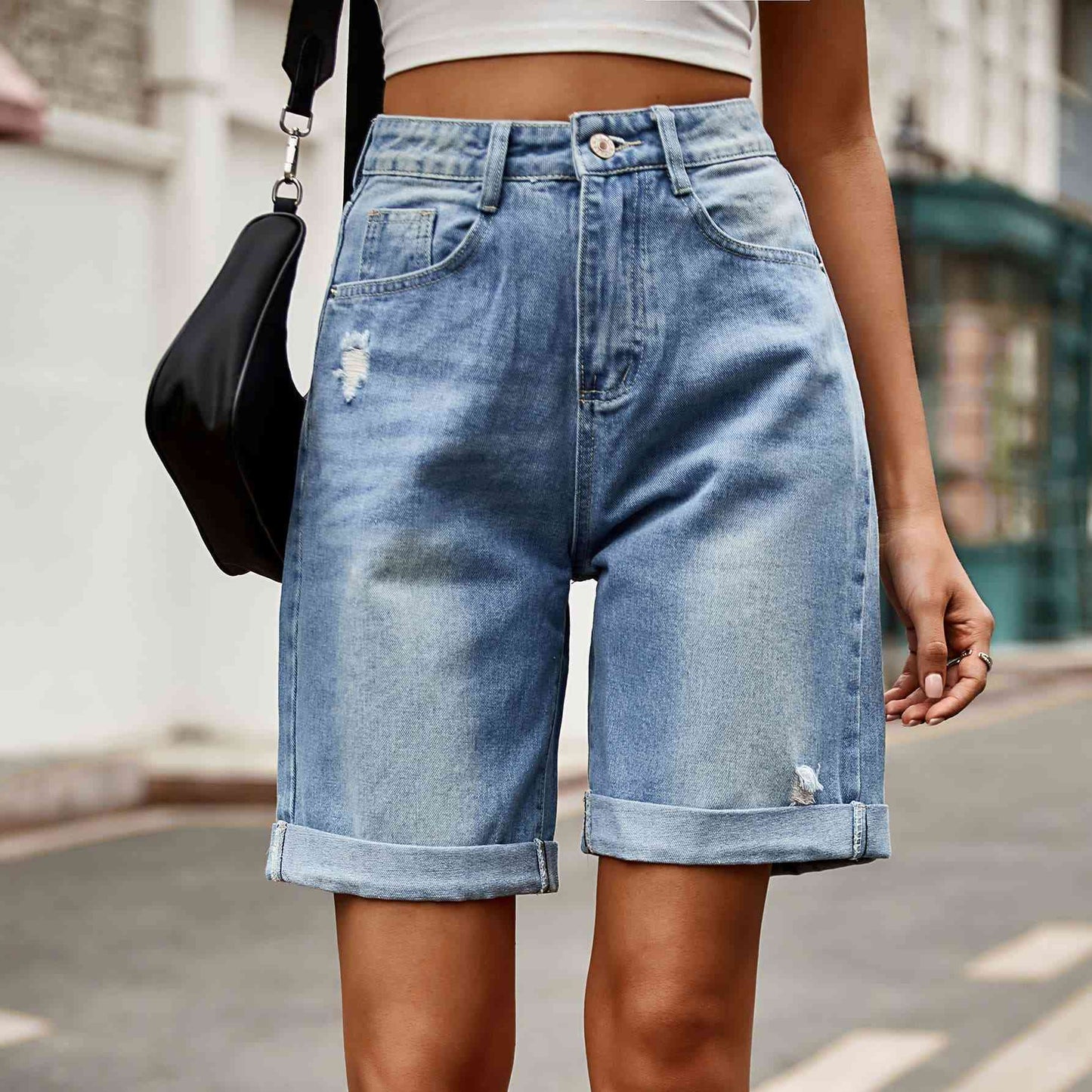 Stilla | Knappede Denim Shorts Med Lommer