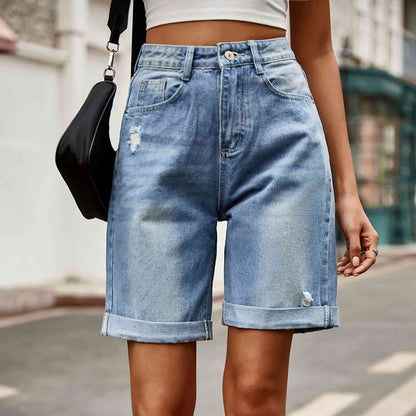 Stilla | Knappede Denim Shorts Med Lommer
