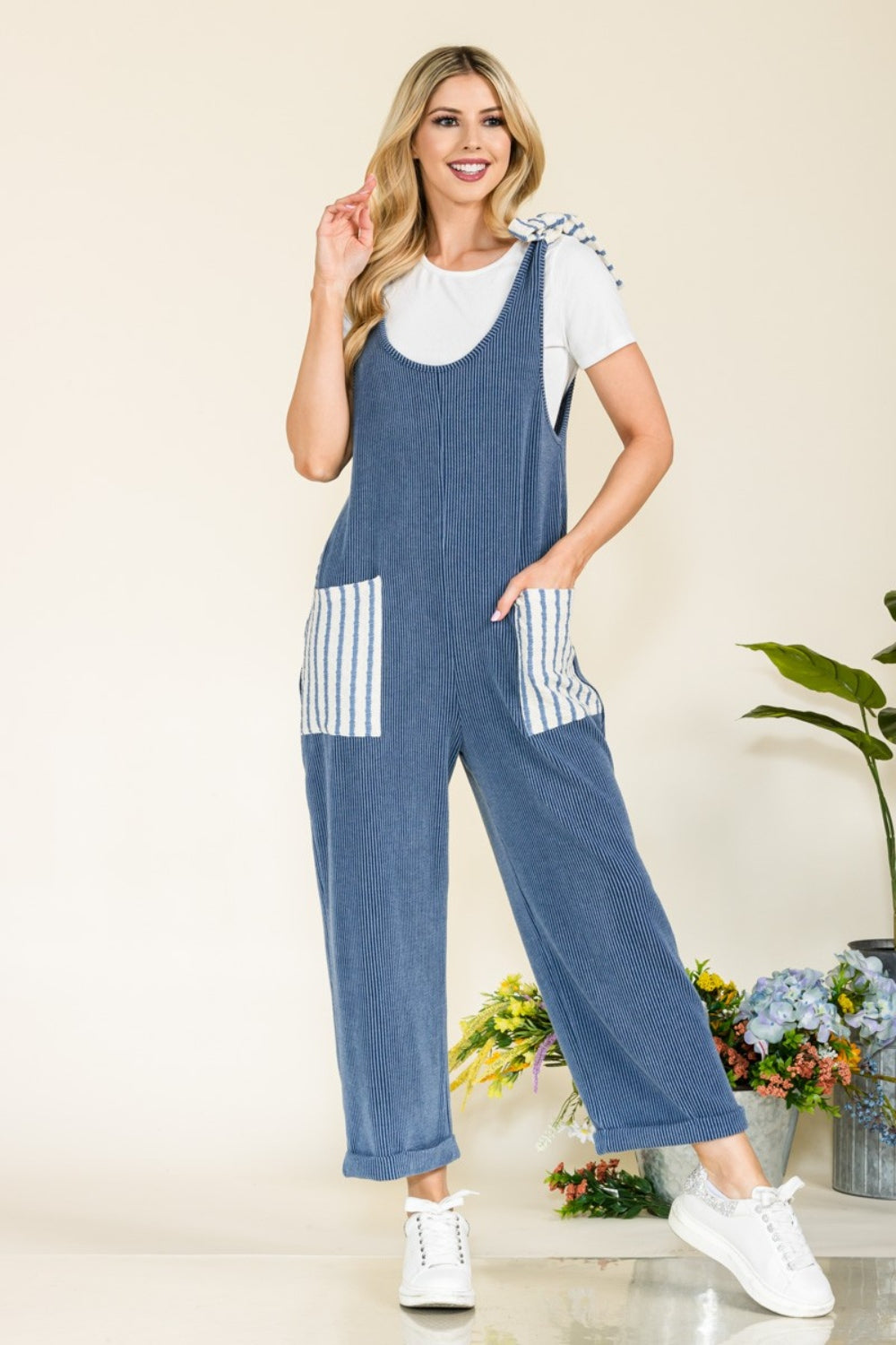 Stilla | Full Size Stripe Contrast Pocket Rib Jumpsuit