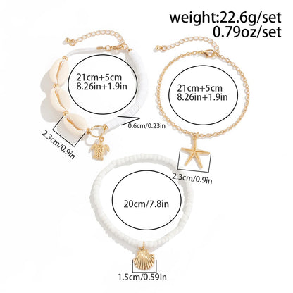 Beach Style 3Pcs Conch Starfish Turtle Charm Seed Bead Anklet Set