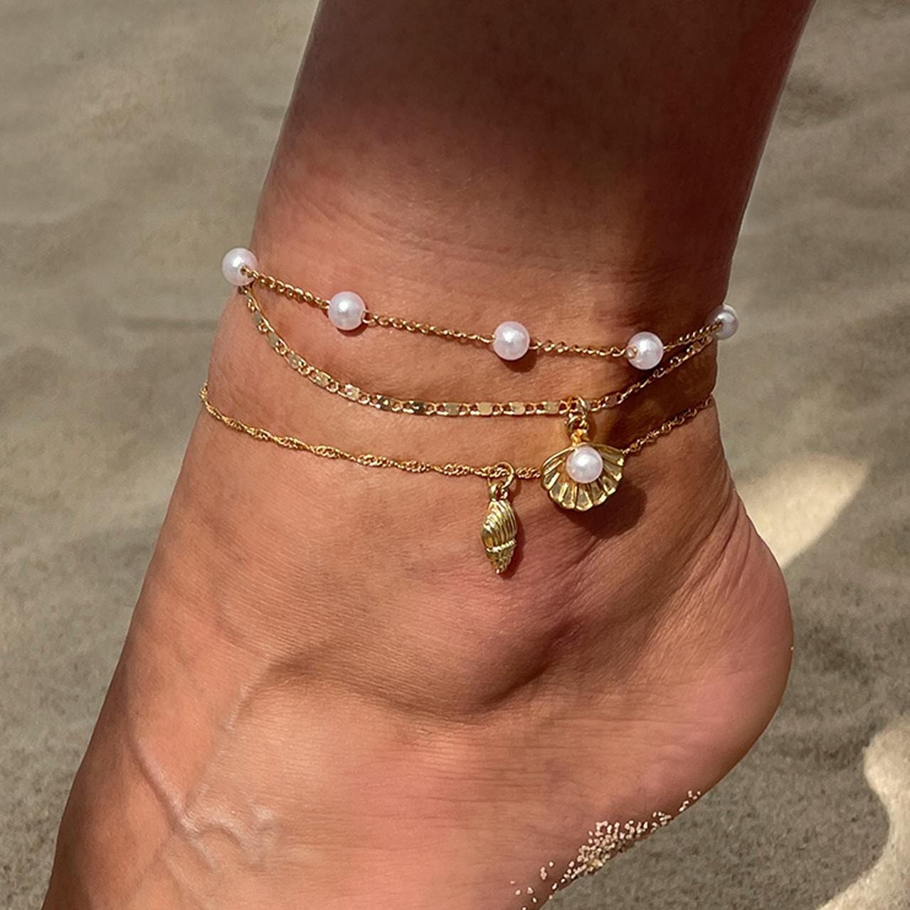 Strandstil Lagdelt Conchsnegl Charms Perlekæde Anklet