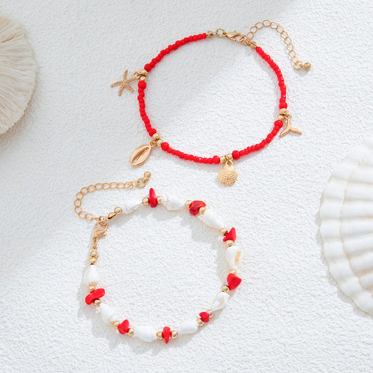 Strandstil Lagdelt Conch Søstjerne Charms Turkis Frøperle Anklet Sæt