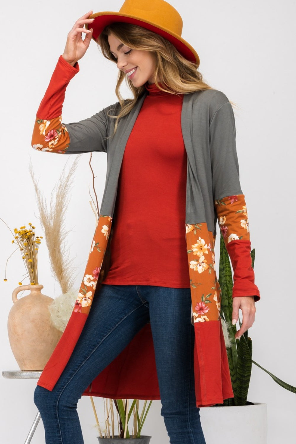 Stilla | Full Size Floral Color Block Åben Front Cardigan
