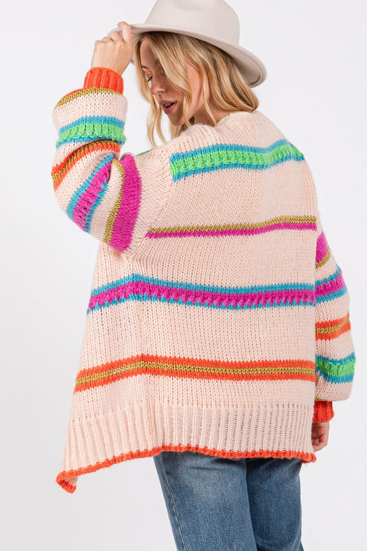 Stilla | Regnbue Stribet Åben Front Strik Cardigan