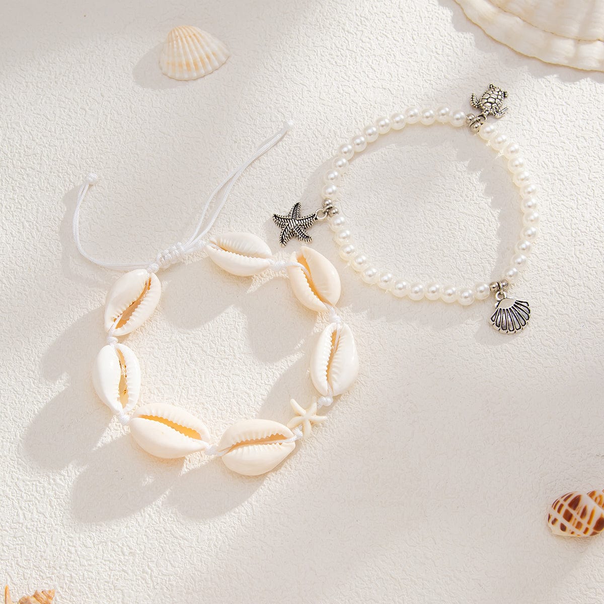 Boho 2pcs Conch Shell Starfish Charm Perle Kæde Anklet Sæt