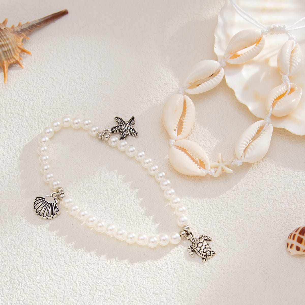 Boho 2pcs Conch Shell Starfish Charm Perle Kæde Anklet Sæt
