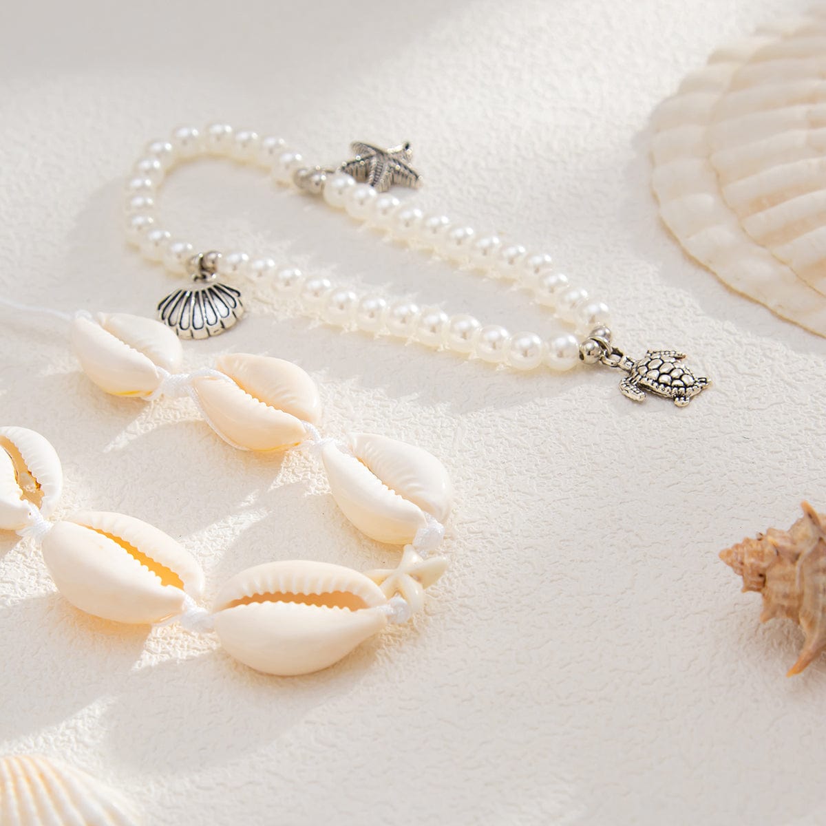 Boho 2pcs Conch Shell Starfish Charm Perle Kæde Anklet Sæt