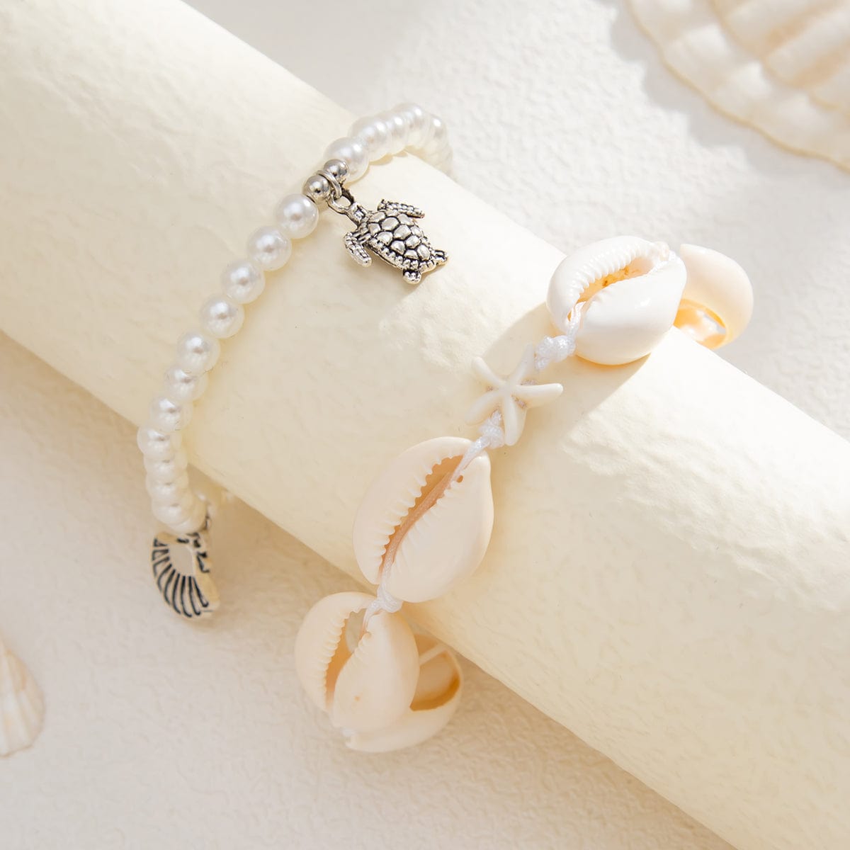Boho 2pcs Conch Shell Starfish Charm Perle Kæde Anklet Sæt