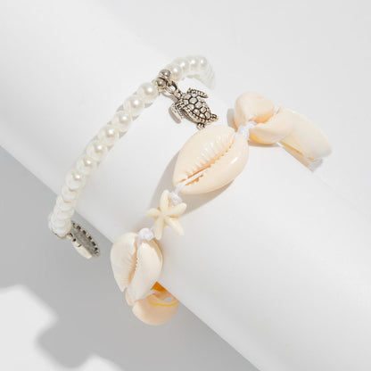 Boho 2pcs Conch Shell Starfish Charm Perle Kæde Anklet Sæt