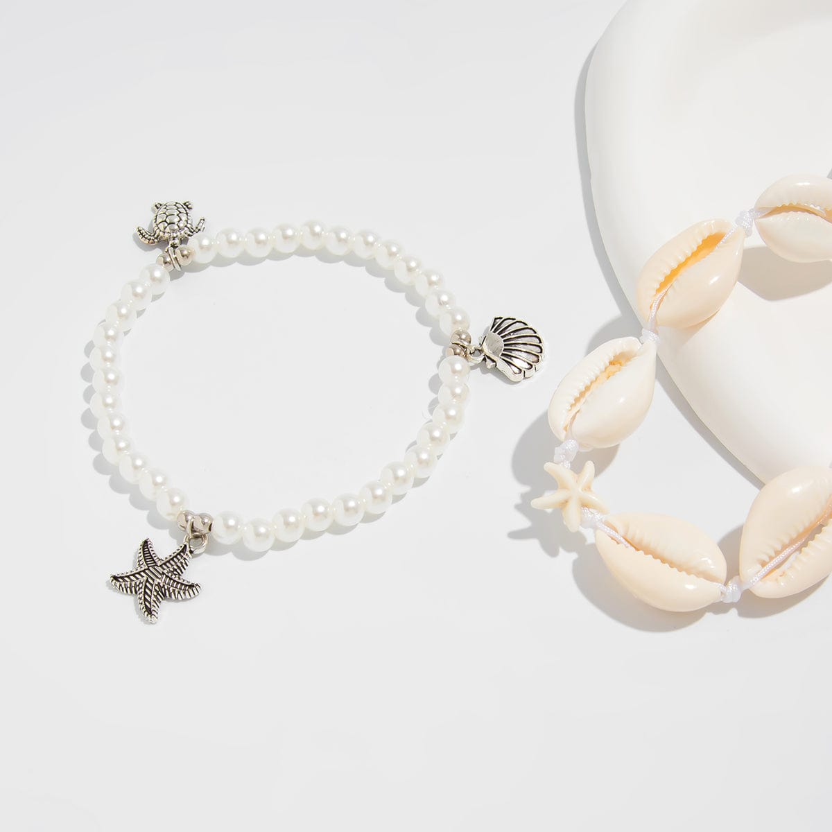 Boho 2pcs Conch Shell Starfish Charm Perle Kæde Anklet Sæt