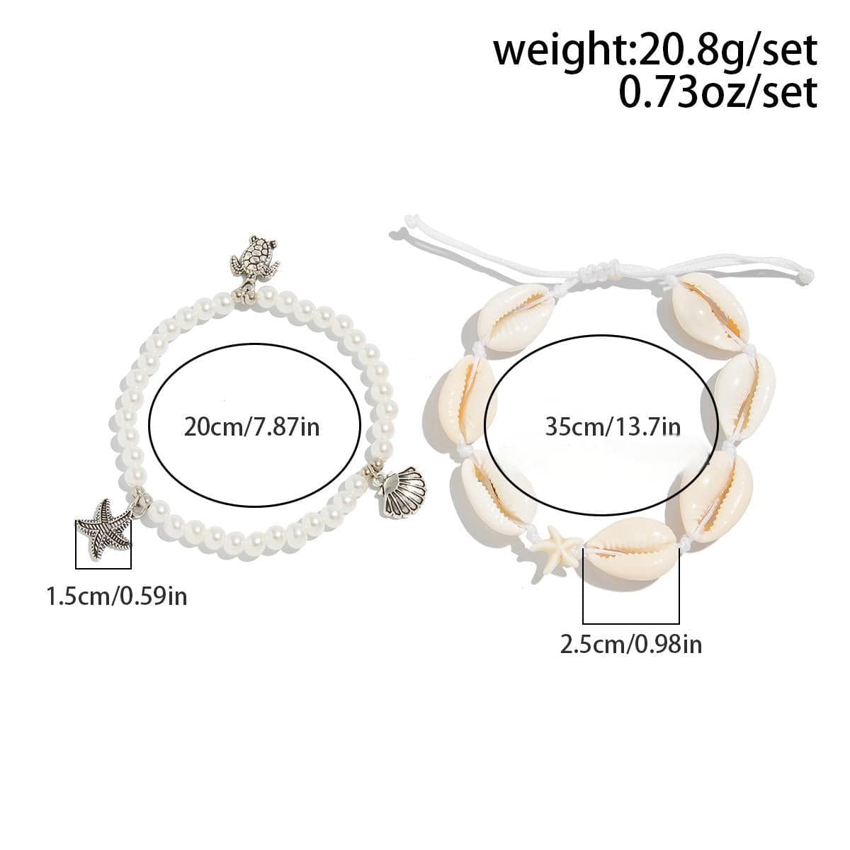 Boho 2pcs Conch Shell Starfish Charm Perle Kæde Anklet Sæt
