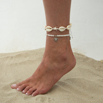 Boho 2pcs Conch Shell Starfish Charm Perle Kæde Anklet Sæt