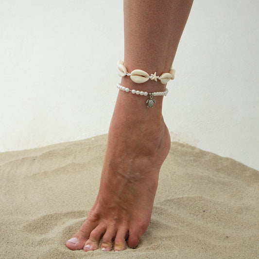 Boho 2pcs Conch Shell Starfish Charm Perle Kæde Anklet Sæt