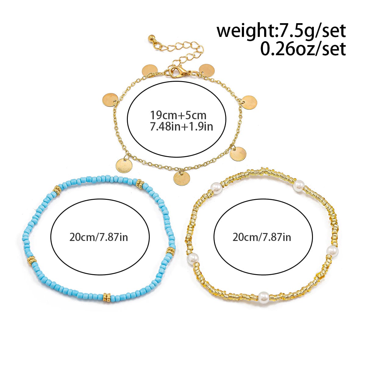 Boho 3Pcs Perle Frø Beadede Pailletter Frynse Anklet Sæt