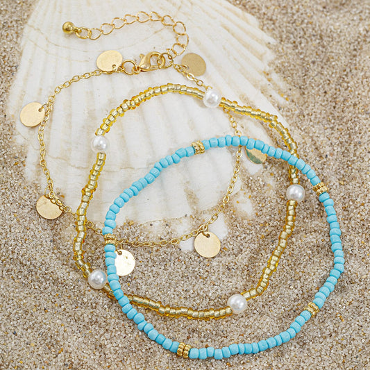 Boho 3Pcs Perle Frø Beadede Pailletter Frynse Anklet Sæt