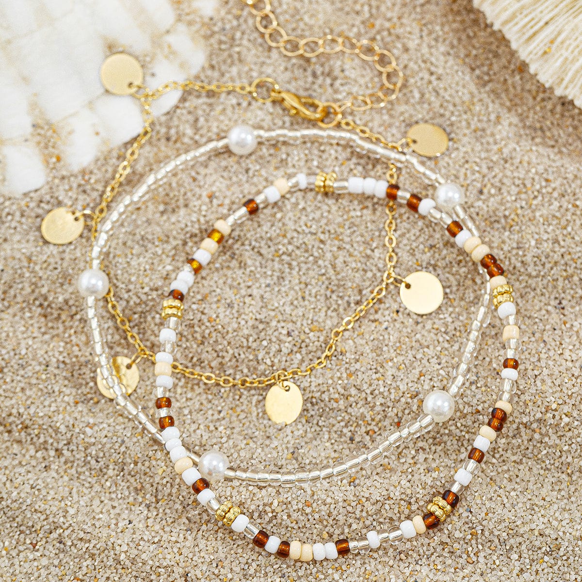 Boho 3Pcs Perle Frø Beadede Pailletter Frynse Anklet Sæt