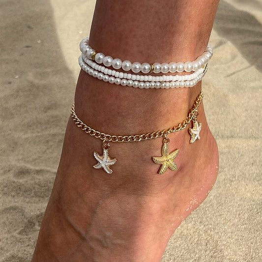 Boho 4Pcs Emalje Søm Starfish Charme Perle Seed Perle Anklet Sæt