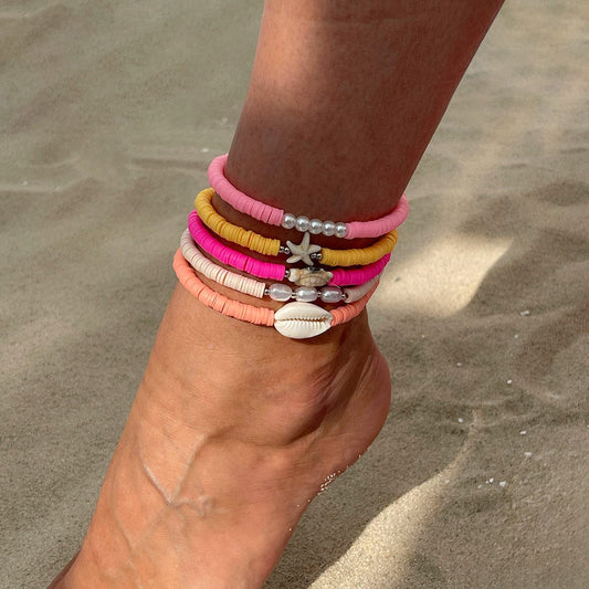 Boho 5pcs Conch Søhest Skildpadde Charme Perle Polymer Ler Perle Anklet Sæt