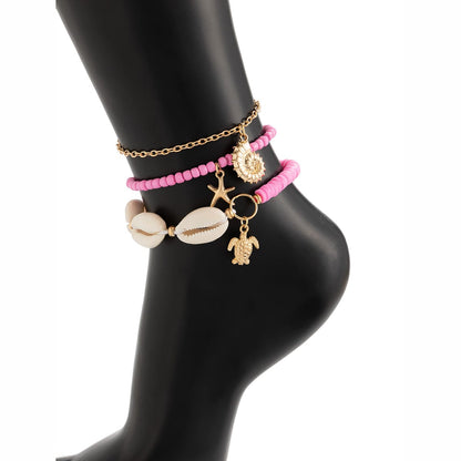 Boho Pink 3Pcs Conch Stjerneskal Skildpadde Charms Perle Ankel Sæt