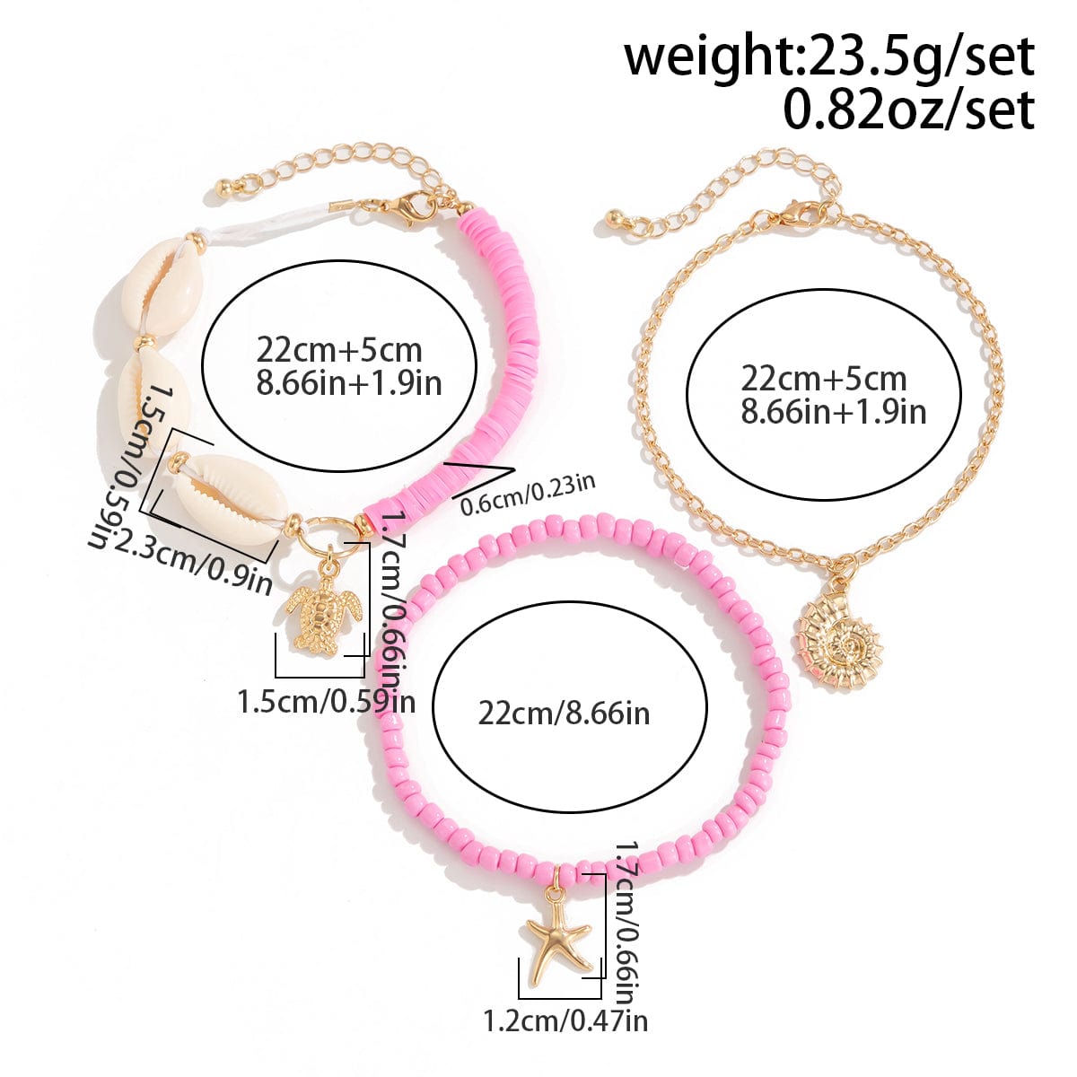 Boho Pink 3Pcs Conch Stjerneskal Skildpadde Charms Perle Ankel Sæt