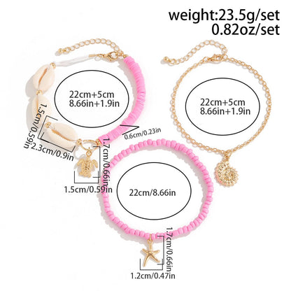 Boho Pink 3Pcs Conch Stjerneskal Skildpadde Charms Perle Ankel Sæt