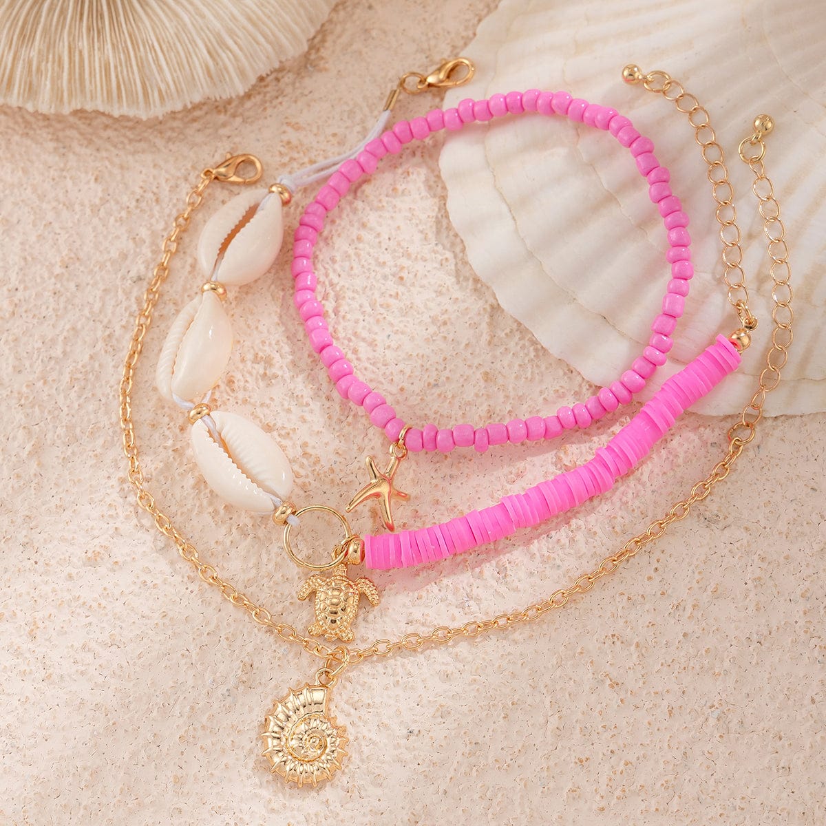 Boho Pink 3Pcs Conch Stjerneskal Skildpadde Charms Perle Ankel Sæt