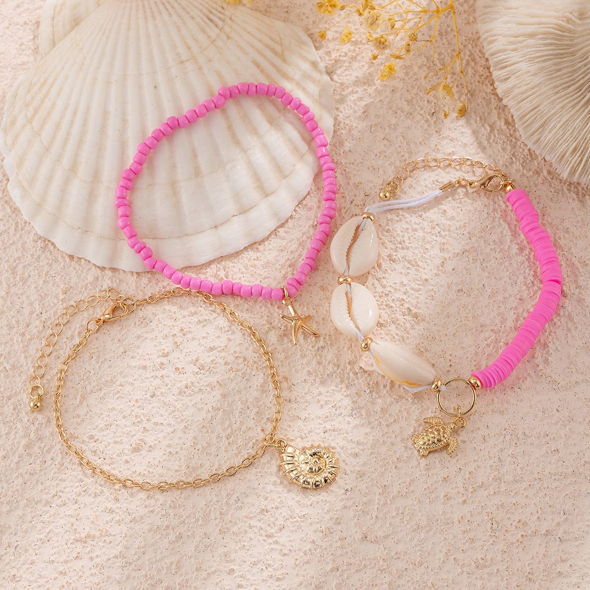 Boho Pink 3Pcs Conch Stjerneskal Skildpadde Charms Perle Ankel Sæt
