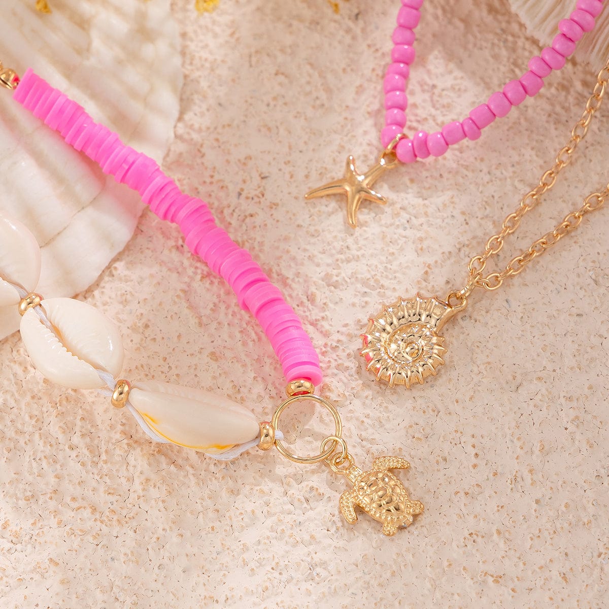 Boho Pink 3Pcs Conch Stjerneskal Skildpadde Charms Perle Ankel Sæt