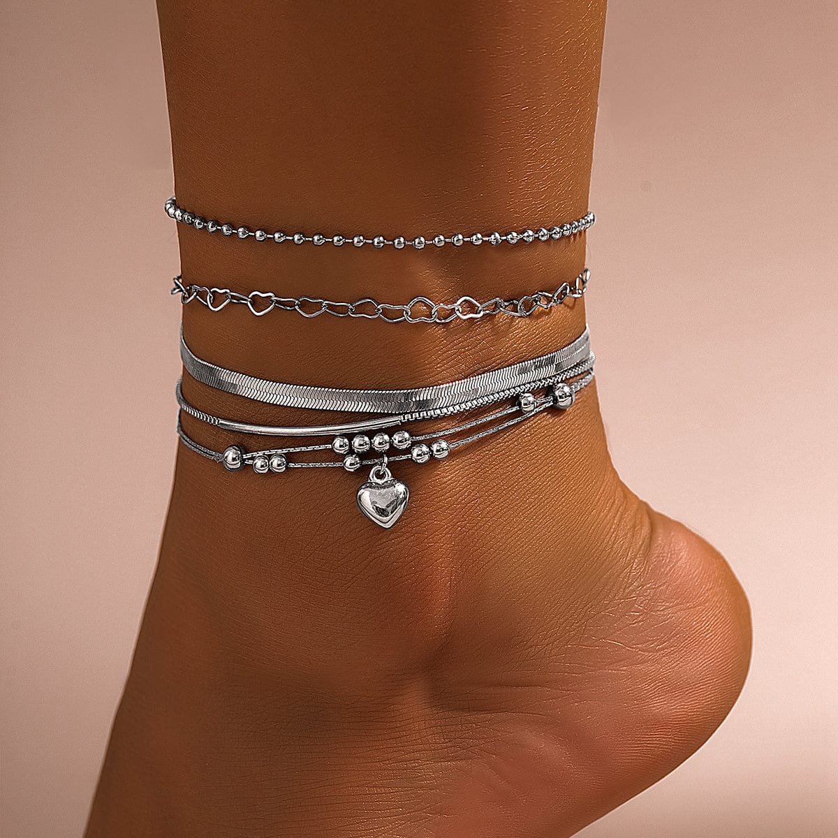 Boho Sølvbelagt Hjerte Vedhæng Slangesnor Stabelbar Anklet Sæt