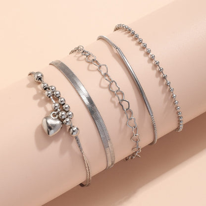 Boho Sølvbelagt Hjerte Vedhæng Slangesnor Stabelbar Anklet Sæt