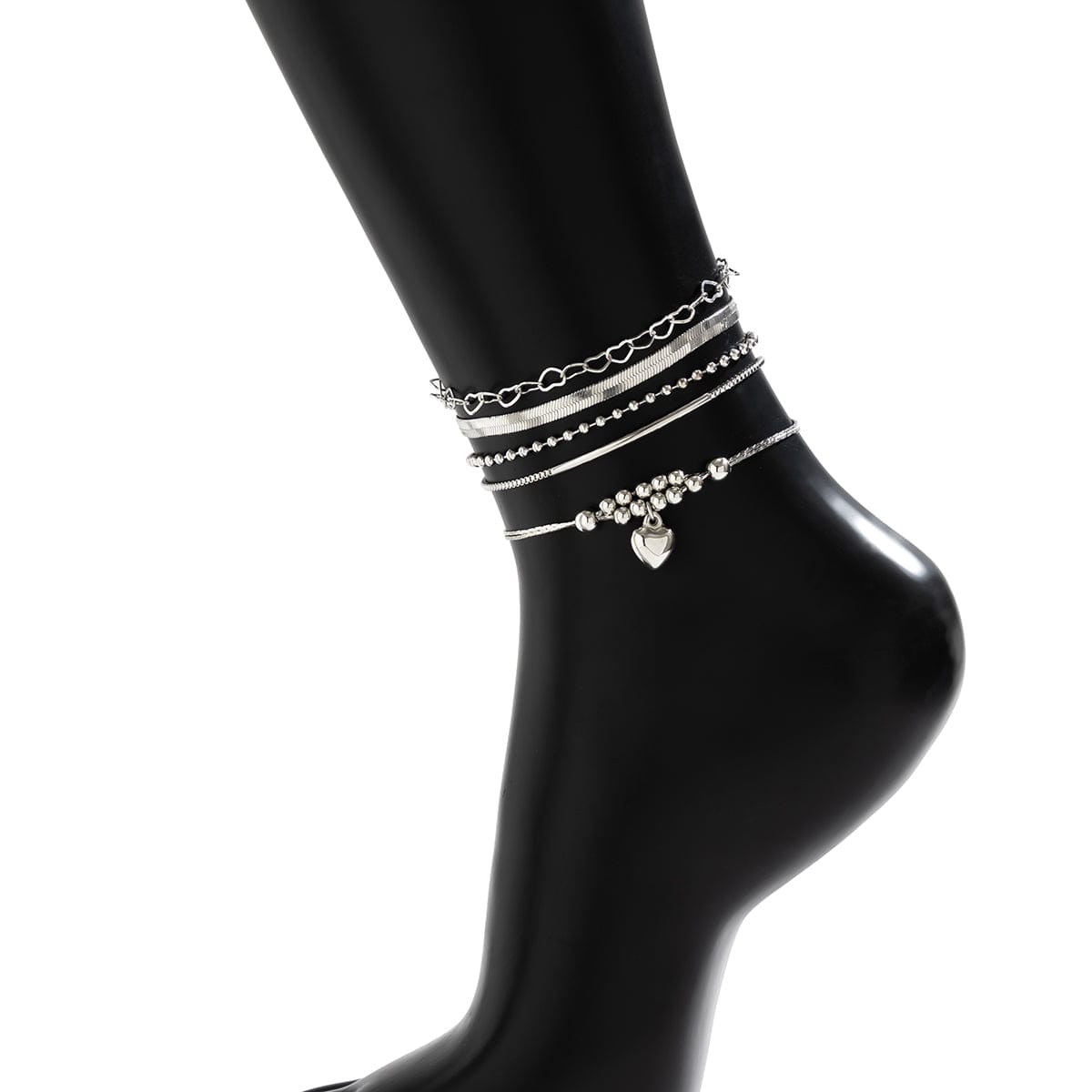 Boho Sølvbelagt Hjerte Vedhæng Slangesnor Stabelbar Anklet Sæt