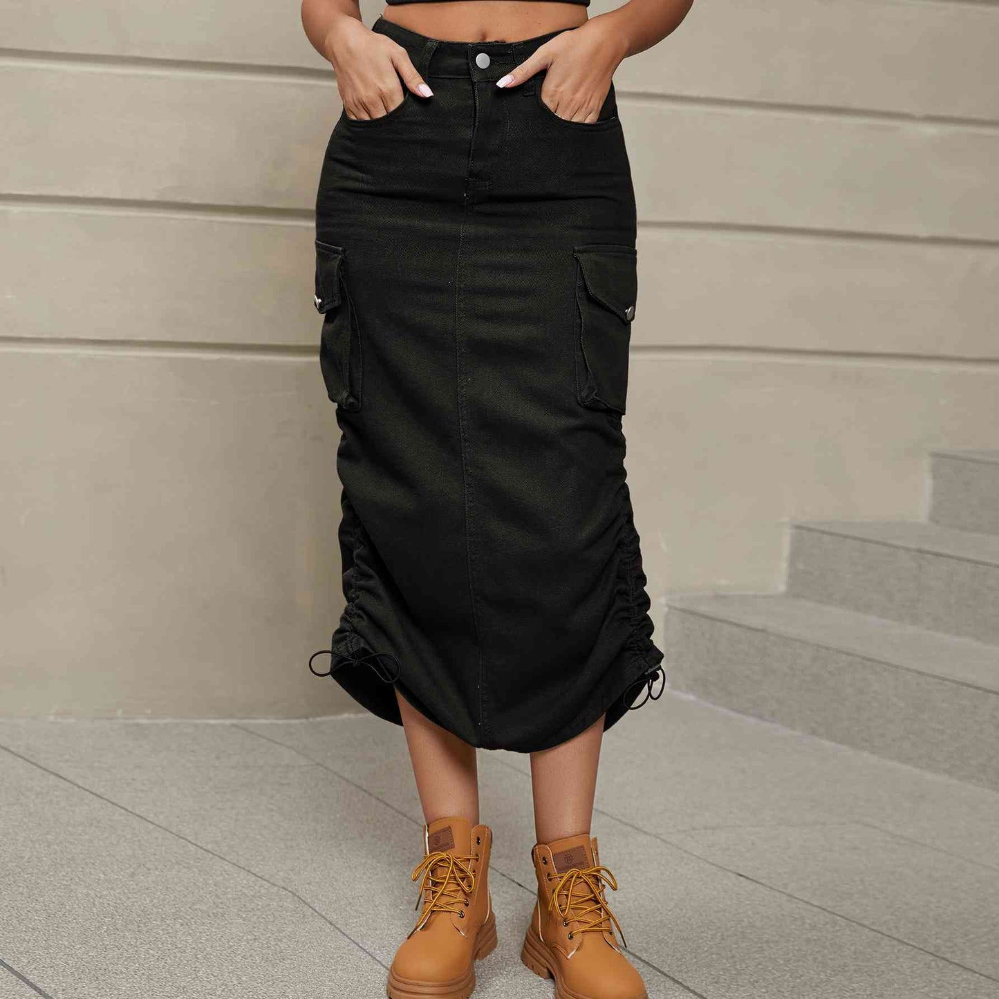 Stilla | Rynket Slids Denim Midi Nederdel