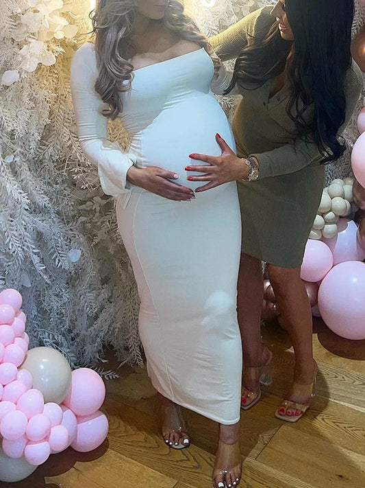 Stilla | Bianco Elegante Lang Kjole Graviditet Lange Ærmer Tynd Slids Fyrkantet Krave Velegnet Til Fotoshoots Elegante Graviditetskjoler