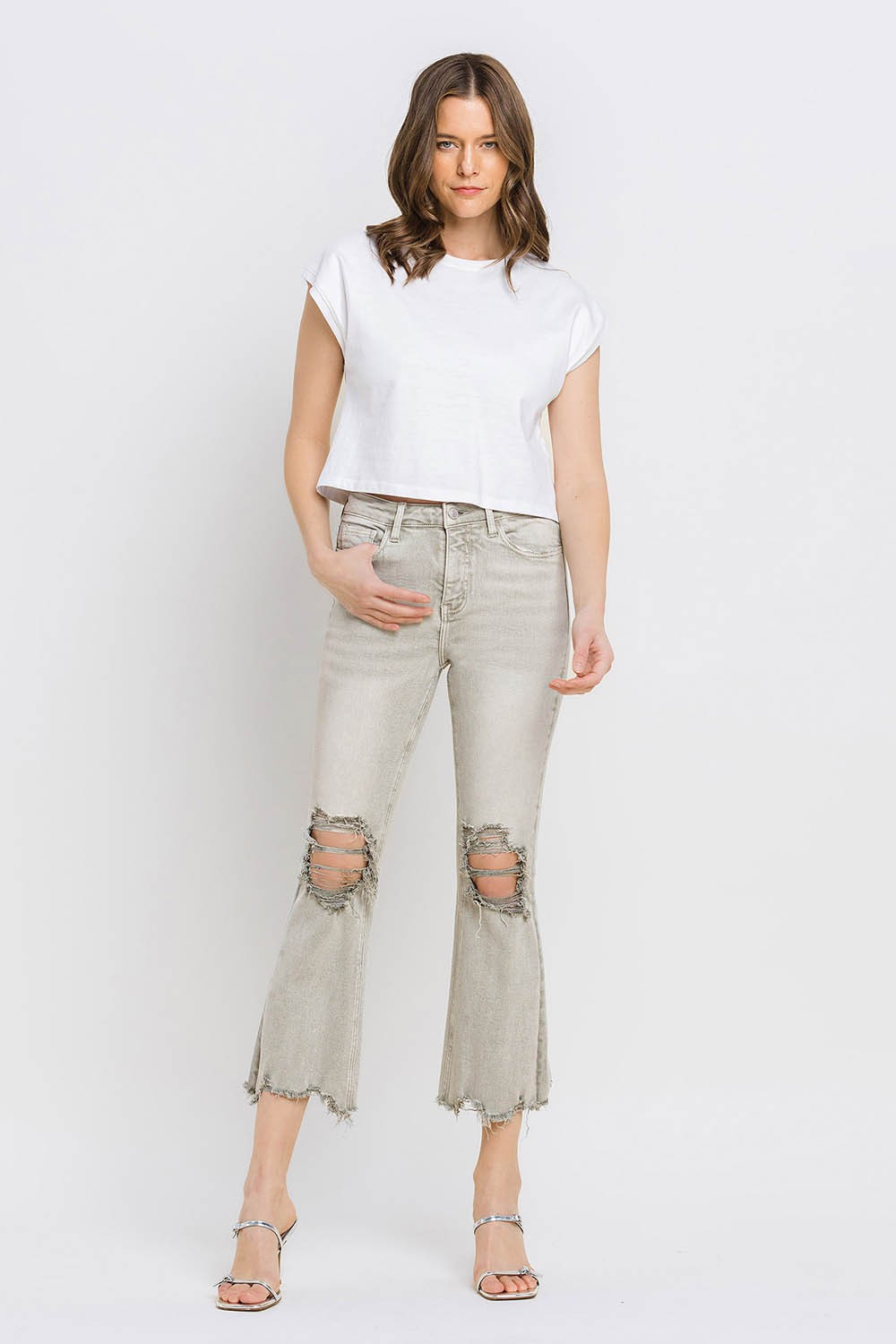 Stilla | Distressed Raw Hem Cropped Flare Jeans