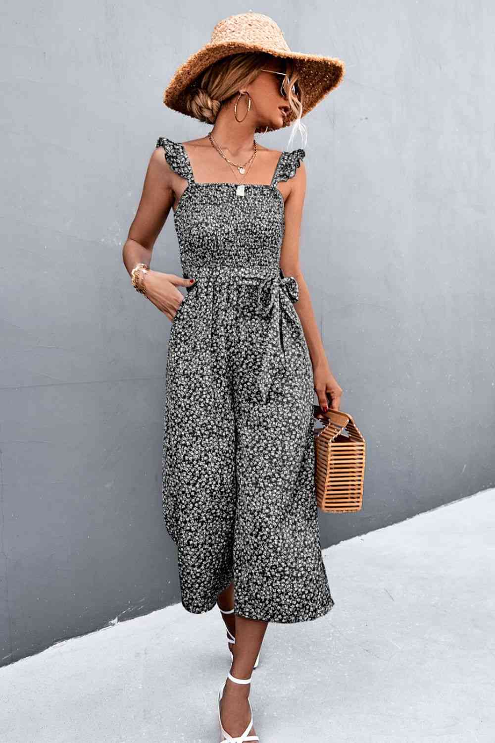 Stilla | Ruffle Strap Smocked Belted Jumpsuit