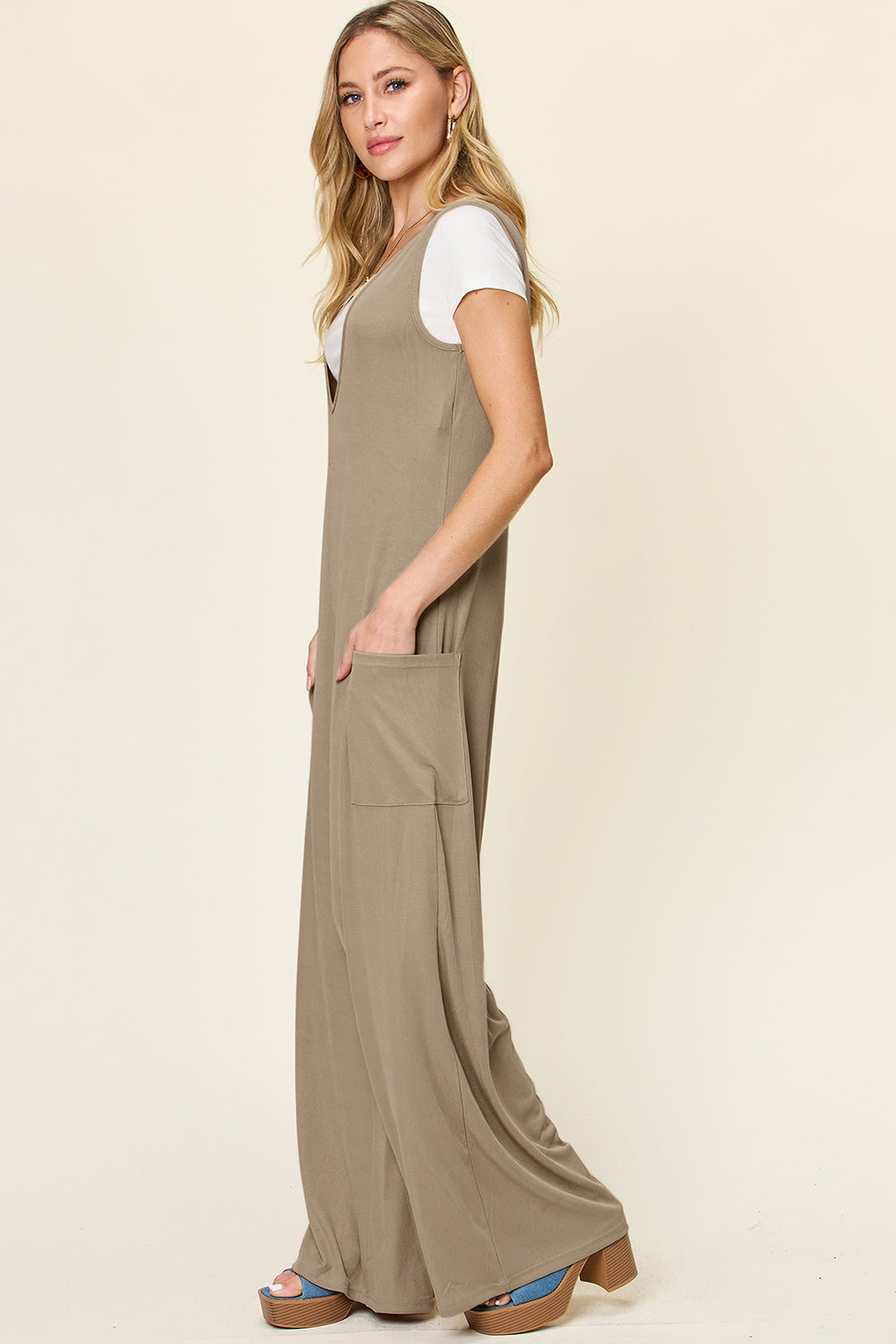 Stilla | Tag Full Size Ærmeløs Bred Ben Jumpsuit Med Lommer