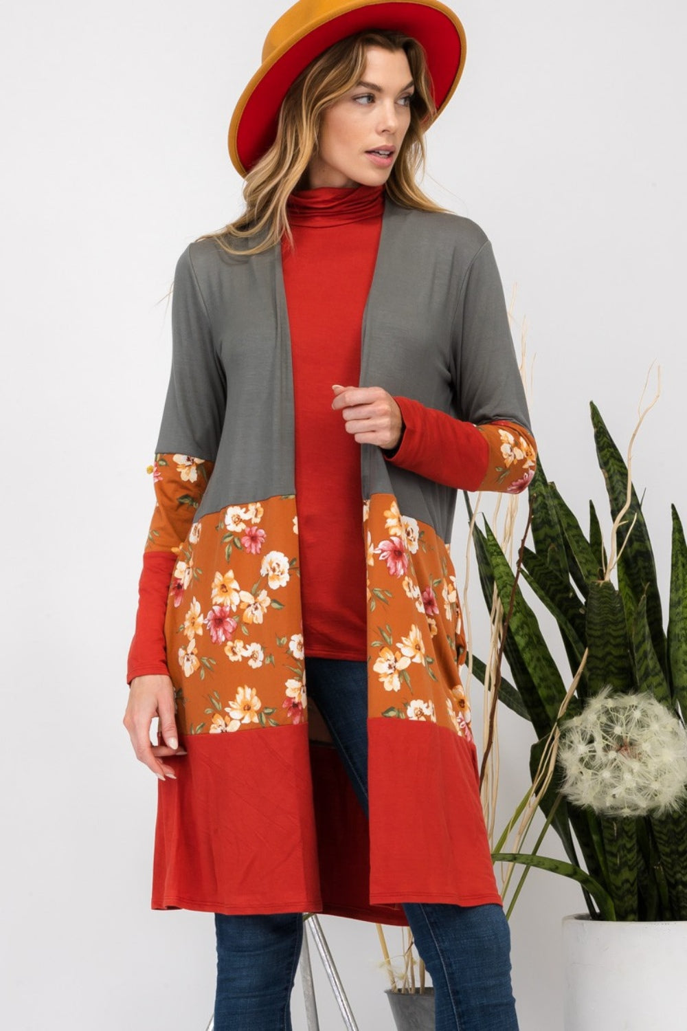 Stilla | Full Size Floral Color Block Åben Front Cardigan