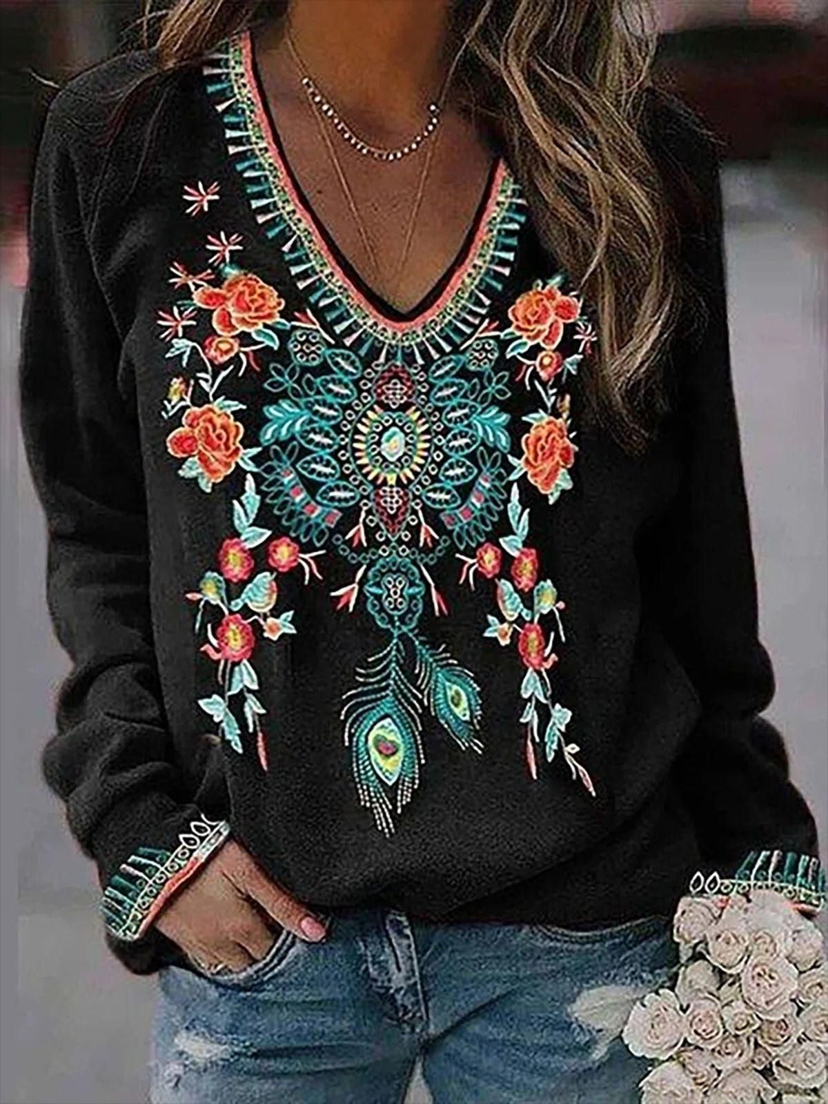 Stilla | Dame T-shirt Blomster Print V-hals Lange Ærme T-shirt